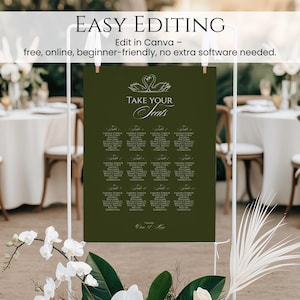 May include: A dark green wedding seating chart with white text and a swan design. The text reads "TAKE YOUR SEATS" and includes guest names. The top of the chart says "EASY EDITING" and "Edit in Canva".