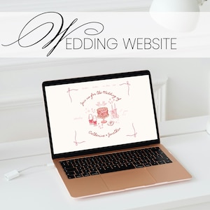 Può includere: Un laptop color oro rosa mostra un sito web di matrimonio con il testo "Wedding Website". Lo schermo mostra un'illustrazione rosa di una torta, calici di champagne e i nomi "Catherine & Jonathan."