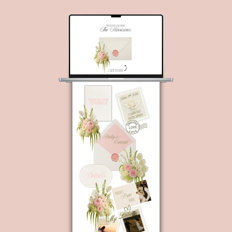 Pu&ograve; includere: Uno schermo di laptop mostra un design di invito di nozze con composizioni floreali e una busta sigillata con un timbro di cera rosa. Ulteriori elementi includono dettagli dell'invito, francobolli e foto, il tutto in tenui tonalit&agrave; rosa e bianco.
