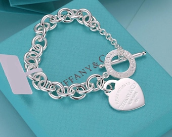 Pulsera Please Return To T, Pulsera con dije de corazón de plata esterlina, Pulsera de diseño, Joyería de moda, Regalo para amiga