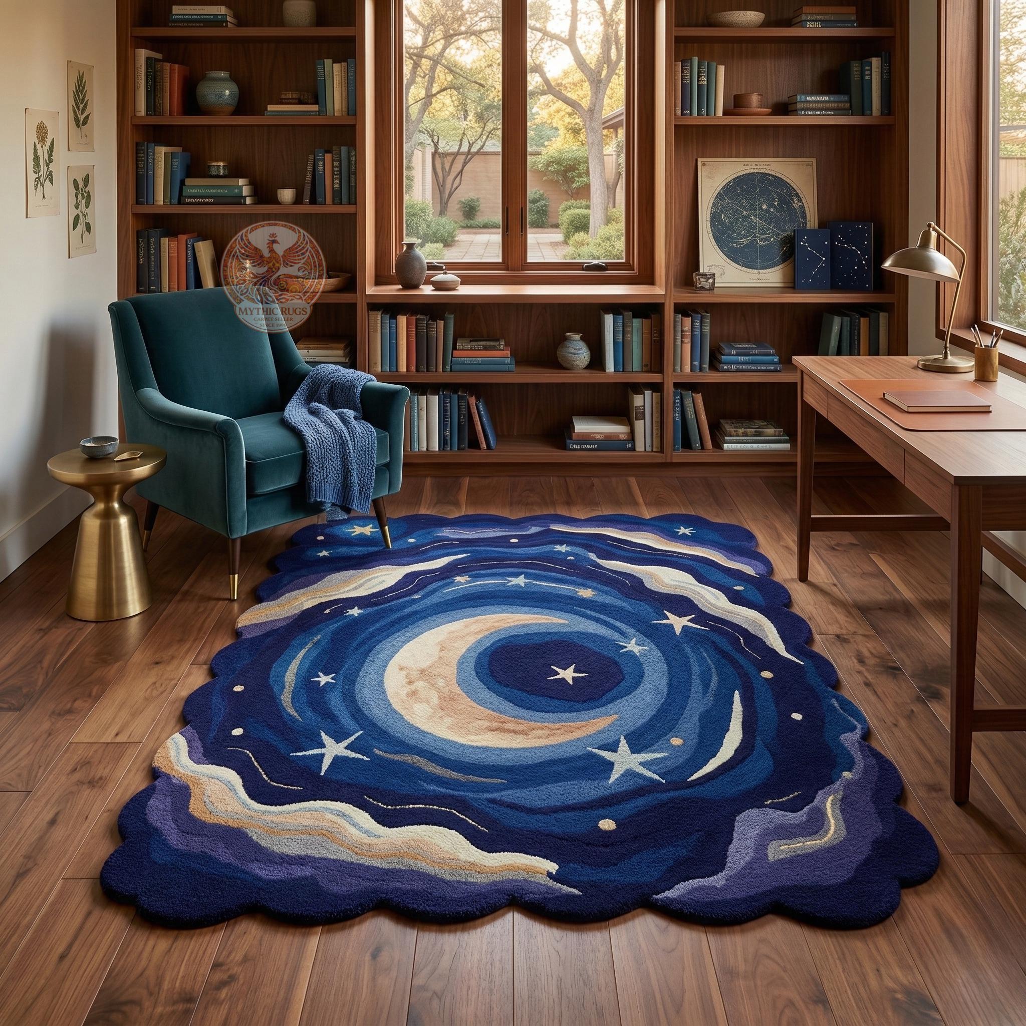Hand Tufted Wool Celestial Moon Stars Rug – Scalloped Edge Night Sky ...