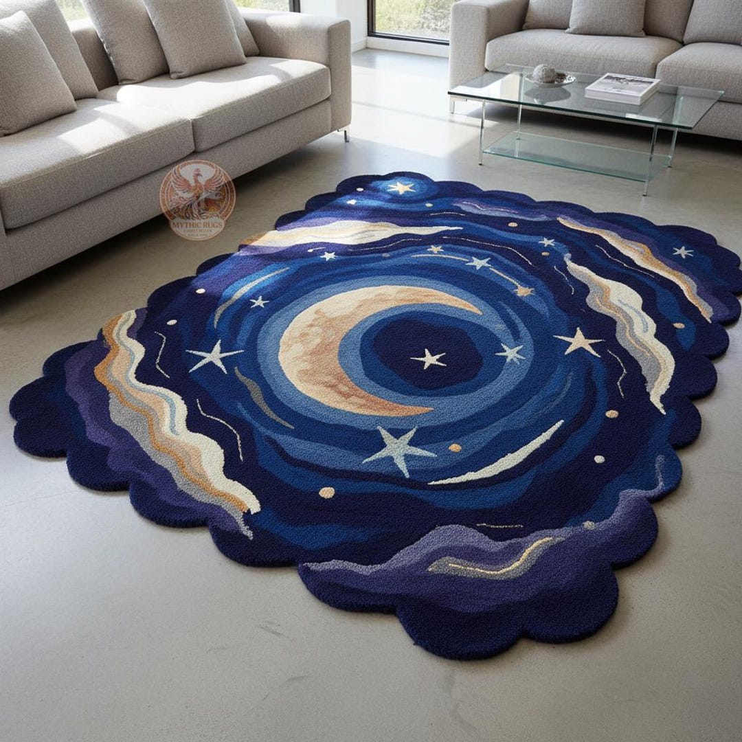 Astral Rug Pattern Hand Tufted Wool Celestial Moon Stars Rug – Scalloped Edge Night Sky ...