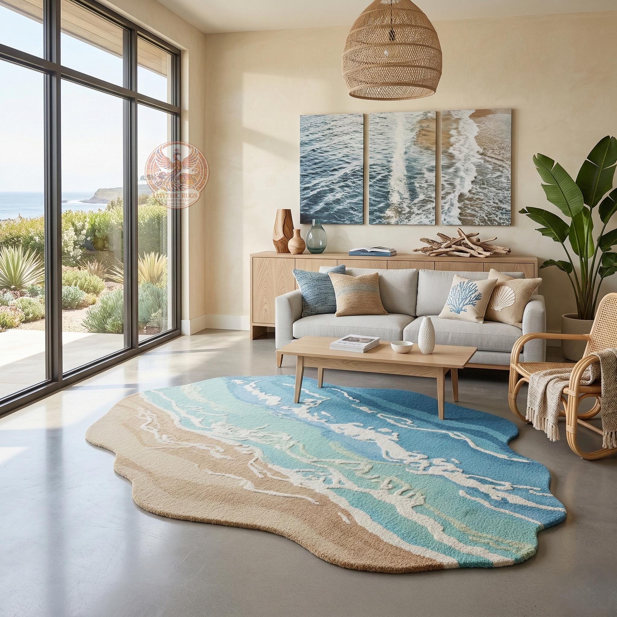 Ocean Wave Hand-Tufted Wool Rug | Irregular Shoreline Scalloped Carpet | Coastal Blue