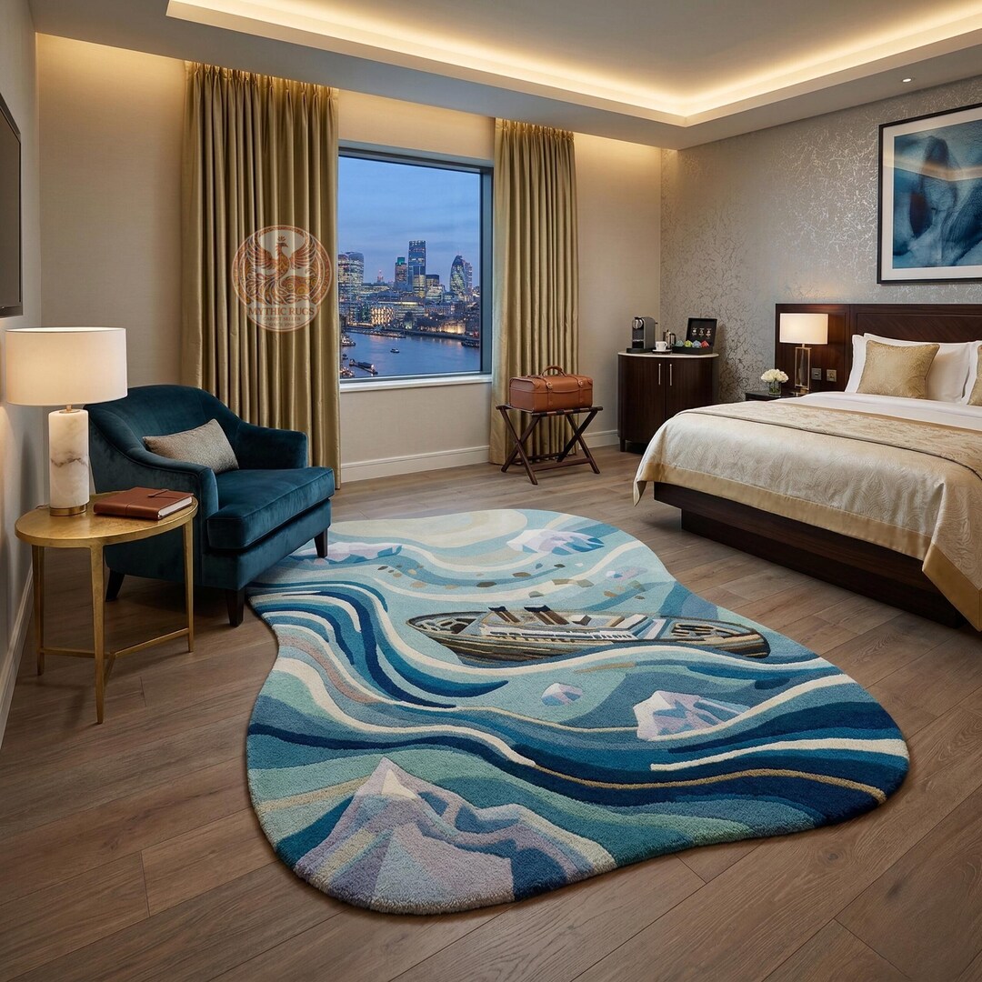 Loop Rag Rug Sea Irregular Ocean Wave Rug – Hand Tufted Wool Area Rug With Ship Design ...