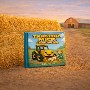 Puede incluir: Un libro infantil titulado "Tractor Mick Saves The Day" con una ilustración de un tractor amarillo en la portada. El libro está ambientado en una granja con una paca de heno y un granero al fondo. El libro está en un camino de tierra.