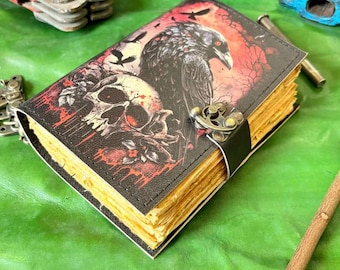 Handmade Raven & Skull Dark Fantasy Leather Journal | Gothic Grimoire with Antique C-Clasp | Horror Art Notebook | Vintage Spellbook Diary