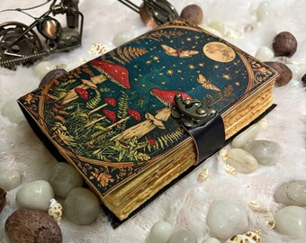 Enchanted Mushroom Leather Journal with Antique Brass Lock, Handmade Forest Aesthetic Grimoire for Writing, Art, Grimoire, Cottagecore Gifts