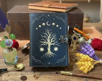 Handmade Tree of Life Leather Journal: Celestial Moon Phase Blank Grimoire, sketchbook of shadows, christmas gift for him her