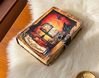 Handcrafted Book of Shadows Leather Journal grimoire with C Clasp Lock Magical Spellbook, Deckle Edge paper Christmas Gift Fantasy Gift