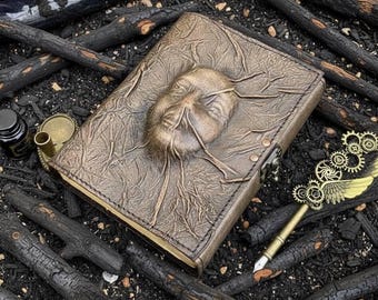 Handcrafted Man Face Leather Journal Grimoire | Wiccan Pagan Journal | handmade vintage blank book of shadows | spooky witchy gift for lover