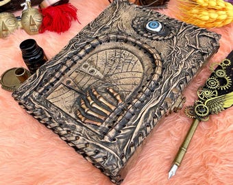 3D eye Skeleton Hand Leather Grimoire | Wiccan Pagan Journal | handmade deckle edge page book of shadow | C clasp lock | spooky witchy gift