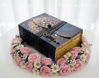 400 pages Antique extra large tree of life grimoire, handmade blank spellbook of shadows, unique christmas gift for him her