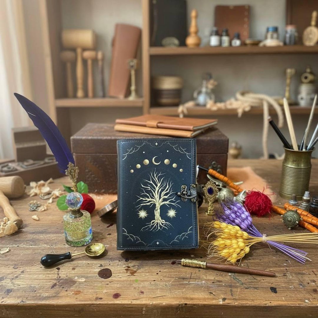 Handmade Tree of Life Leather Journal: Celestial Moon Phase Blank ...