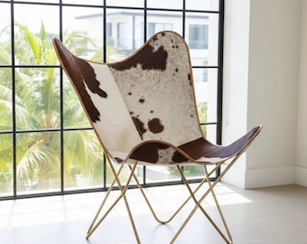 Handcrafted Cowhide Genuine Leather Butterfly Chair | Vintage Butterfly Chair | Folding Accent Seating garden chair |  Christmas Gift Decor
