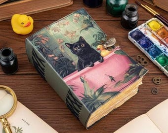 400 Page Large Grimoire leather journal, Whimsical Cat Journal with Duck, Blank spell book of shadows, antique Christmas gift for him her