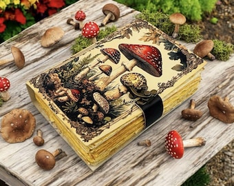 Handmade Mushroom Leather Journal With C Clasp Lock: Antique Deckle Edge Grimoire Gift For Her  Halloween Gift For Him Her