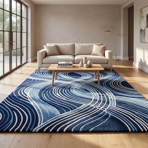 Hand Tufted Wool Rug, Navy Blue Abstract, Modern Wavy Bedroom Carpet