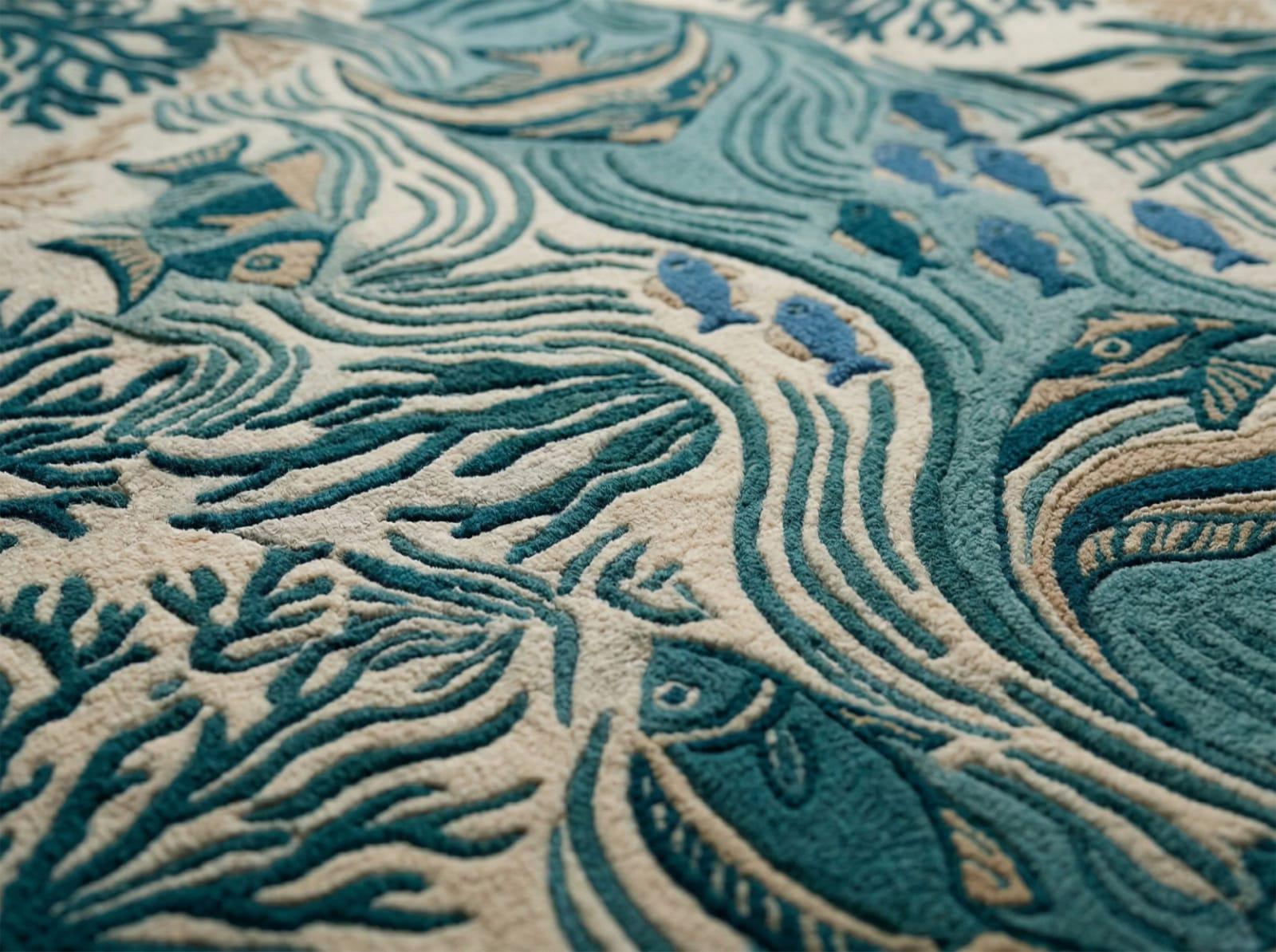 Blue Ivory Coastal Rug , Hand Tufted Wool Area Rug | Ocean Fish Carpet ...