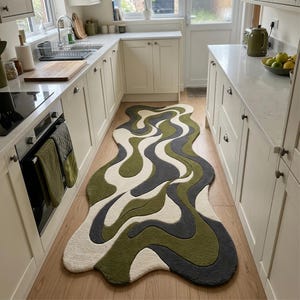 Irregular Green Wavy Wool Rug, Hand Tufted Retro 70s Rugs for Living Room