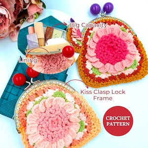 Crochet Coin Purse Pattern: 3D Flower Wallet, Kiss Clasp Frame Small Pouch Bag (PDF)