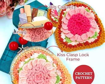 Crochet Coin Purse Pattern: 3D Flower Wallet, Kiss Clasp Frame Small Pouch Bag (PDF)