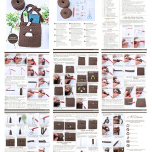 May include: A pattern preview for a crochet phone bag. The image shows a finished brown crochet bag with a pocket, along with materials like yarn, a crochet hook, and instructions. The text "PATTERN PREVIEW" is at the top.