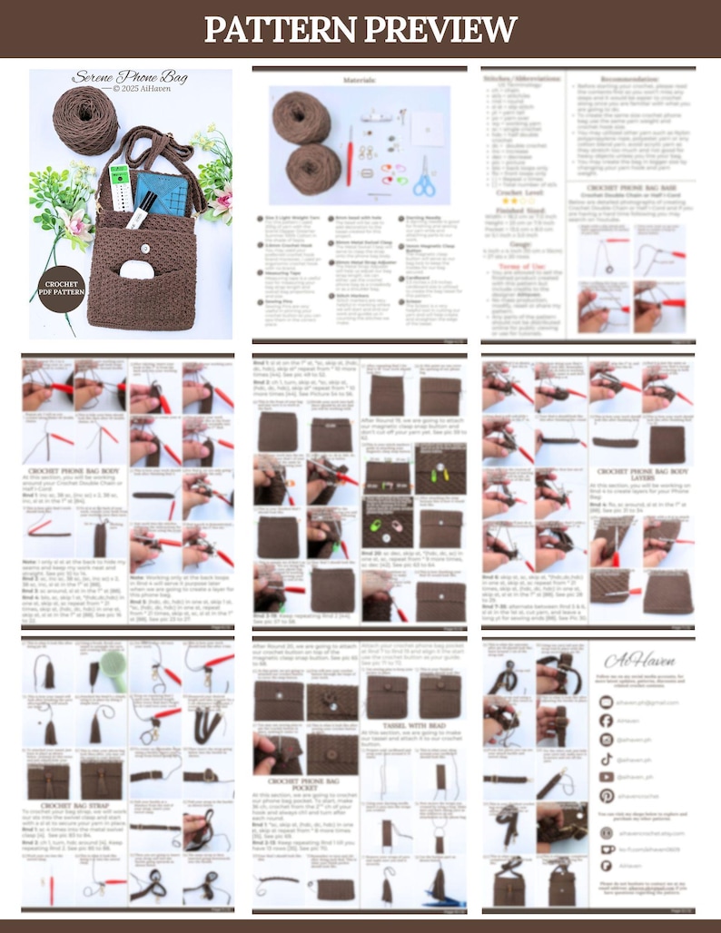 May include: A pattern preview for a crochet phone bag. The image shows a finished brown crochet bag with a pocket, along with materials like yarn, a crochet hook, and instructions. The text "PATTERN PREVIEW" is at the top.