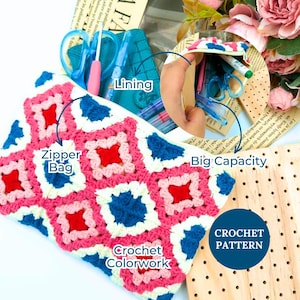 Crochet Diamond Granny Square Bag Pattern: Makeup Pouch, Small Storage, Colorwork Design Pouch (PDF)