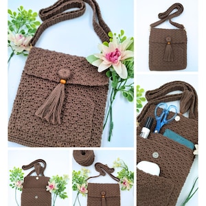 May include: Images of a brown crochet crossbody bag with a flap, tassel, and wooden bead. The bag has a long strap and a front pocket. The text "PATTERN GALLERY" is at the top. The bag is shown with flowers.