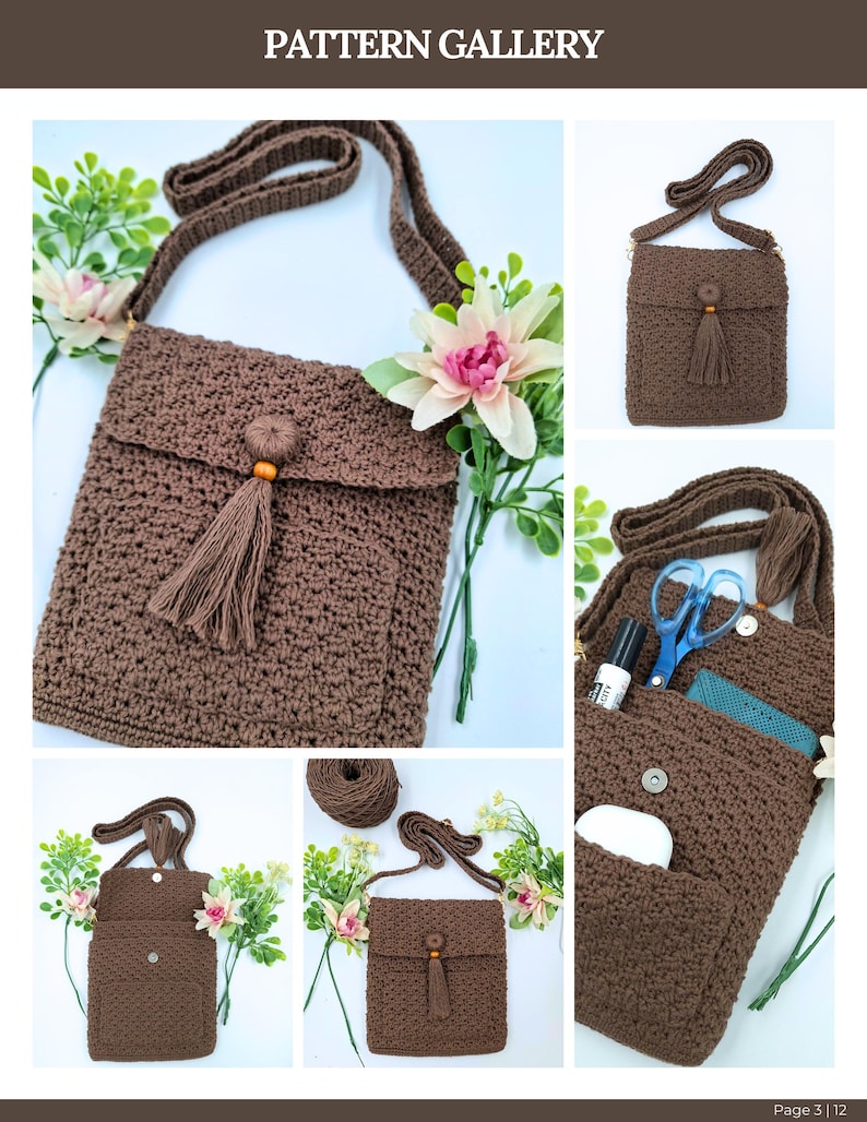 May include: Images of a brown crochet crossbody bag with a flap, tassel, and wooden bead. The bag has a long strap and a front pocket. The text "PATTERN GALLERY" is at the top. The bag is shown with flowers.