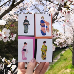 A collection watercolour painted women wearing colourful kimonos as a printed art card
