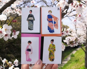 A collection watercolour painted women wearing colourful kimonos as a printed art card