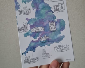 Famous Castles of the UK with watercolor background on a blank greeting card