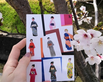 A collection watercolour painted women wearing colourful kimonos at a Kyoto fashion show as a printed art card