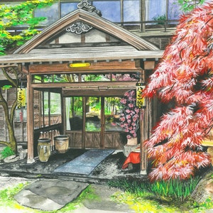 Une scène japonaise traditionnelle peinte : carte d'art imprimée Ryokan Hida Takayama Gifu