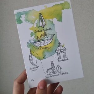 Cartão em branco de ilustração de mapa aquarela limão e amarelo com marcos de Portsmouth e Southsea Reino Unido
