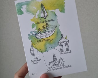 Lime and Yellow watercolour map illustration blank card with Portsmouth and Southsea landmarks UK