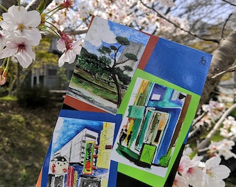 A vivid collection of painted modern Japanese scenes from Osaka on a printed art card