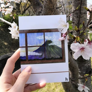 Una escena japonesa tradicional pintada: una vista de la ventana de un ryokan del monte Fuji Tarjeta de arte impresa