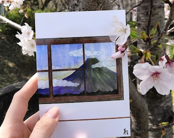 A painted traditional Japanese scene: a ryokan window view of Mt.Fuji printed art card