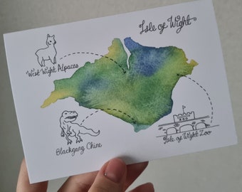 An Isle of Wight, UK watercolour map illustration blank card in bright colours.