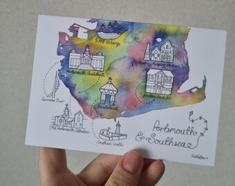 Rainbow coloured watercolour map illustration blank card with Portsmouth and Southsea landmarks and kite detail