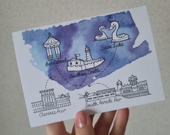 Purple and Blue watercolour map illustration blank card with Southsea landmarks