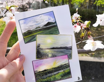 A painted Japanese walk scene selection: around Moriyama, Shiga, Japan printed art card
