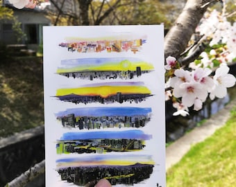 360oC painted sunset views from Tokyo tower printed art card