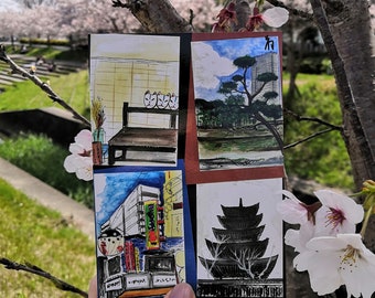 A vivid collection of painted traditional and modern scenes from Kyoto and Osaka on a printed art card