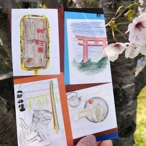 鳥居や茶道の絵など、関西の伝統と現代の風景を鮮やかに描いたコレクション。