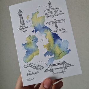 Marcos da Inglaterra e da Escócia em um mapa aquarela azul e amarelo brilhante