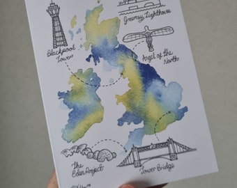 England and Scotland Landmarks on a Bright Blue and Yellow watercolour map