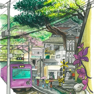 Une scène japonaise peinte : carte d'art imprimée collage Arashiyama, Kyoto